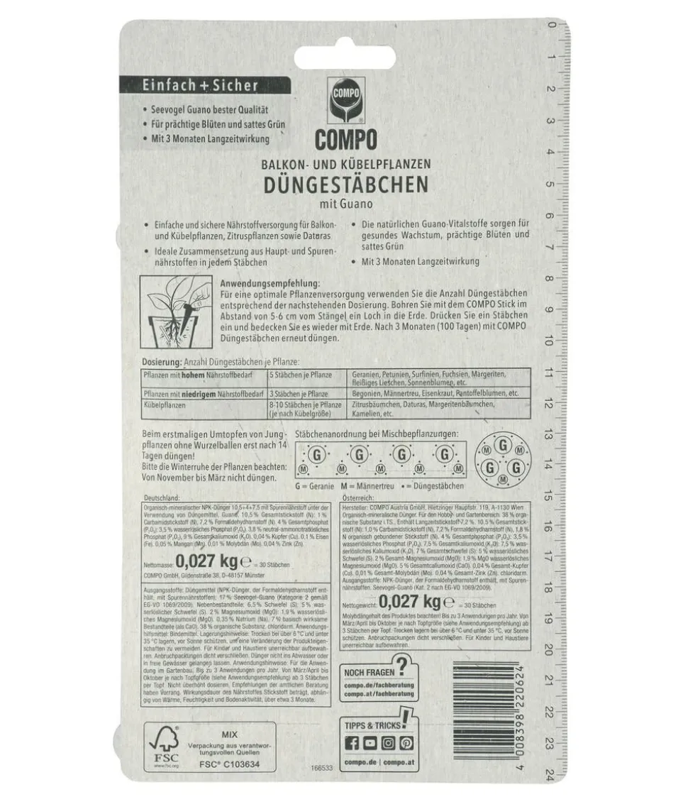 COMPO Düngestäbchen für Balkon- und Kübelpflanzen, 30 Stk.