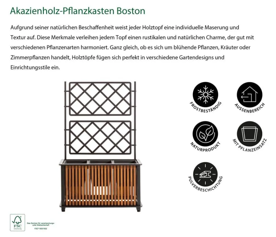Dehner Akazienholz-Pflanzkasten Boston, rechteckig, ca. B86/H136/T33 cm