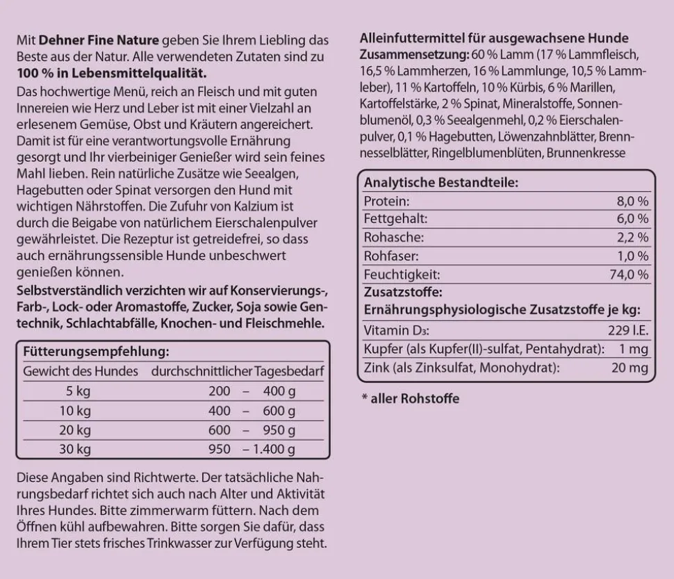 Dehner Fine Nature Nassfutter für Hunde Adult, Lamm mit Kartoffeln, Kürbis & Spinat