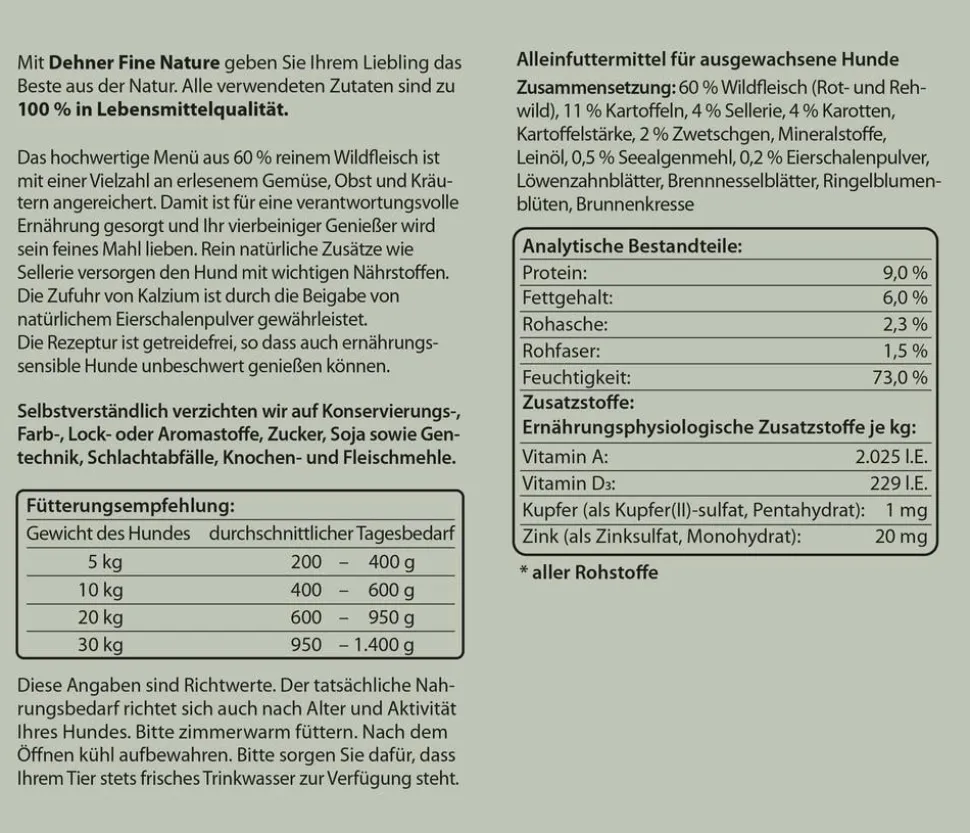 Dehner Fine Nature Nassfutter für Hunde Adult, Wild mit Sellerie, Karotten & Zwetschgen