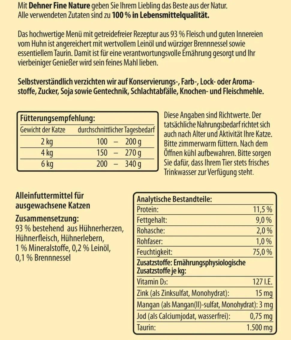 Dehner Fine Nature Nassfutter für Katzen Adult, Huhn mit Leinöl & Brennnessel