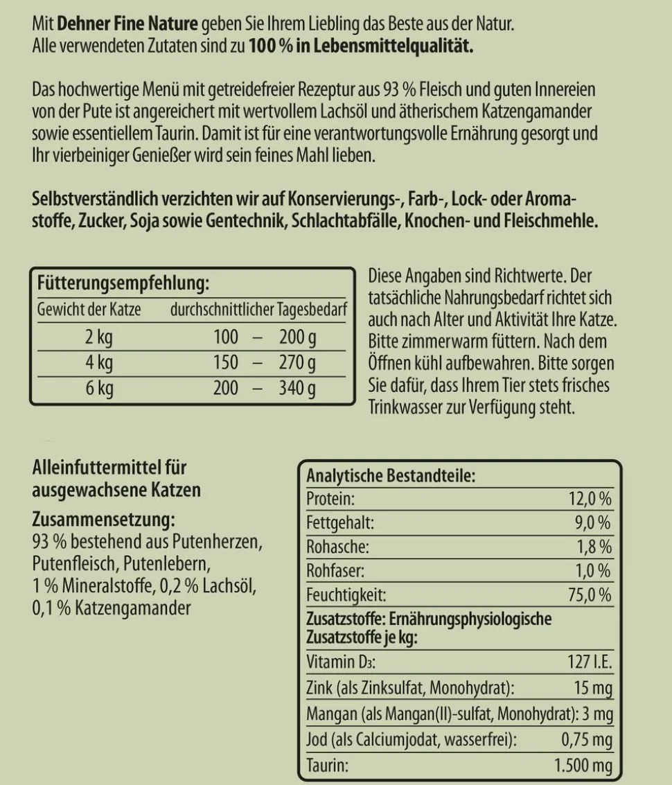 Dehner Fine Nature Nassfutter für Katzen Adult, Pute mit Lachsöl & Katzengamander