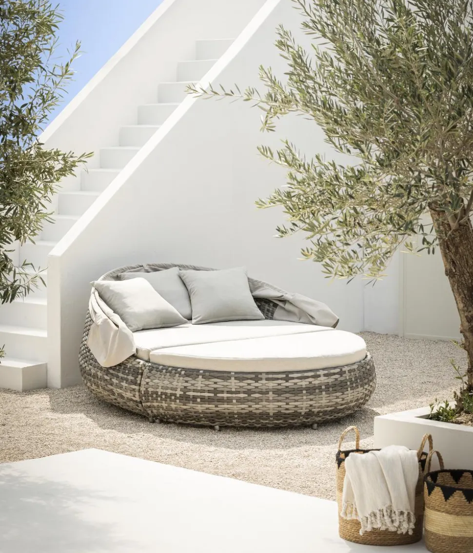 Dehner Gartenmöbel Daybed Tulum, mit Faltdach und Polstern, 179 x 163 x 220 cm (B/H/T), Liegefläche 146 x 179 cm, Aluminium / Polyester / Kunststoffgeflecht, grau