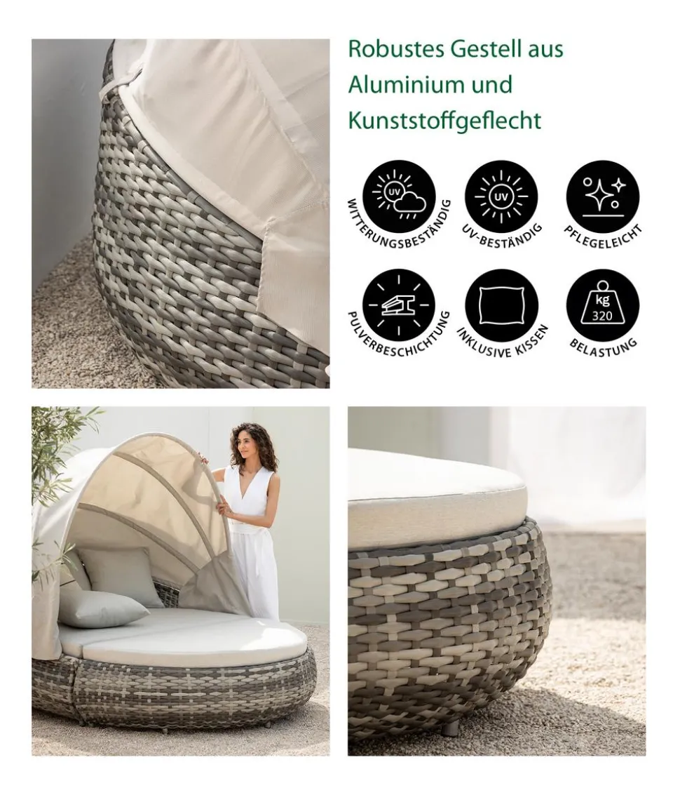 Dehner Gartenmöbel Daybed Tulum, mit Faltdach und Polstern, 179 x 163 x 220 cm (B/H/T), Liegefläche 146 x 179 cm, Aluminium / Polyester / Kunststoffgeflecht, grau