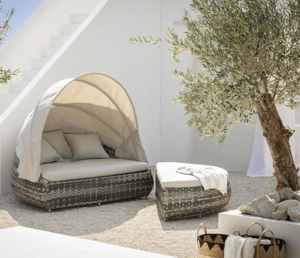 Dehner Gartenmöbel Daybed Tulum, mit Faltdach und Polstern, 179 x 163 x 220 cm (B/H/T), Liegefläche 146 x 179 cm, Aluminium / Polyester / Kunststoffgeflecht, grau