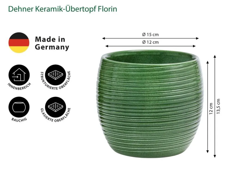 Dehner Keramik-Übertopf Florin, bauchig, grün, ca. Ø15 cm