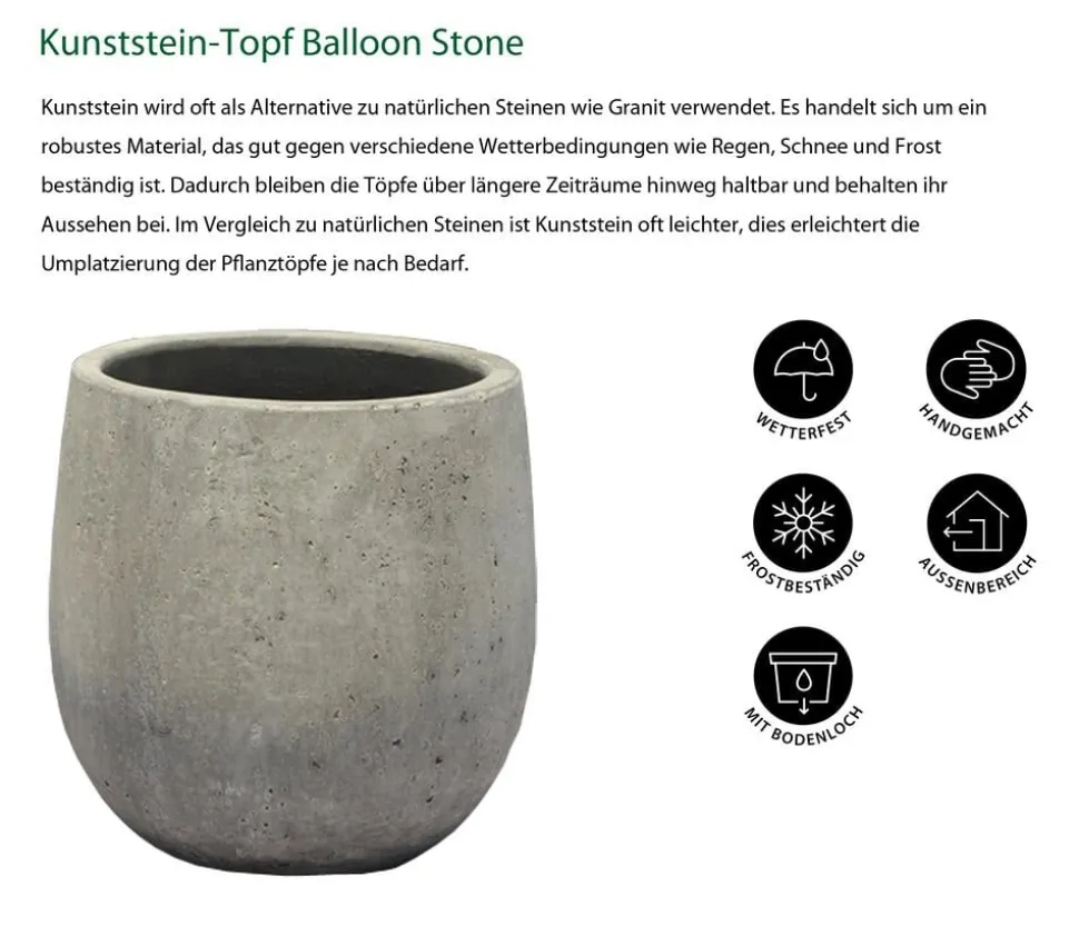 Dehner Kunststein-Topf Balloon Stone, bauchig, grau