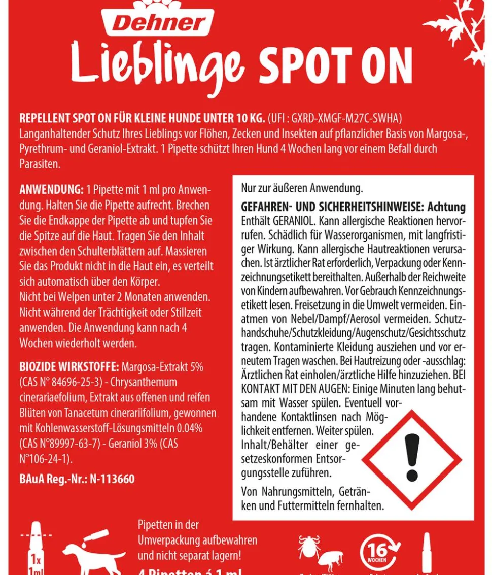 Dehner Lieblinge Floh- und Zeckenschutz Spot On für kleine Hunde, 4 x 1 ml