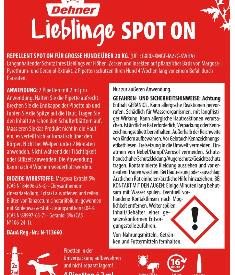 Dehner Lieblinge Floh- und Zeckenschutz Spot On für große Hunde, 4 x 2 ml