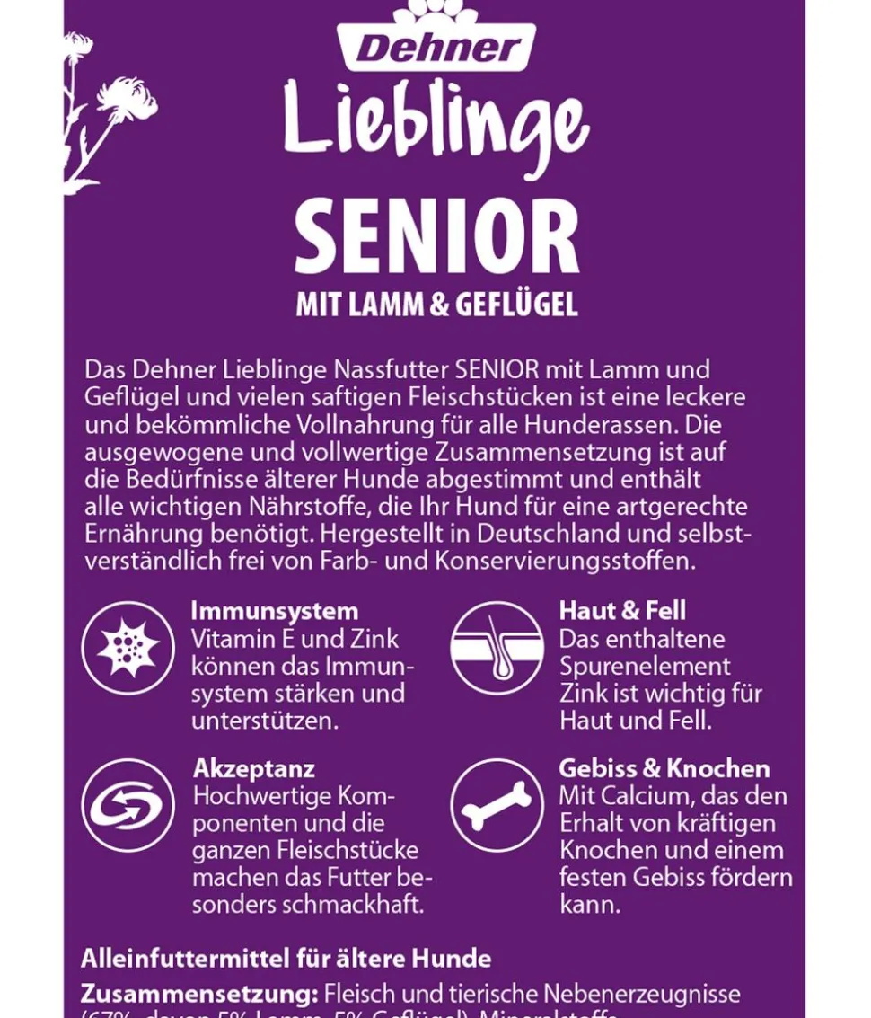 Dehner Lieblinge Nassfutter für Hunde Senior, Geflügel & Lamm, 6 x 400 g/800 g