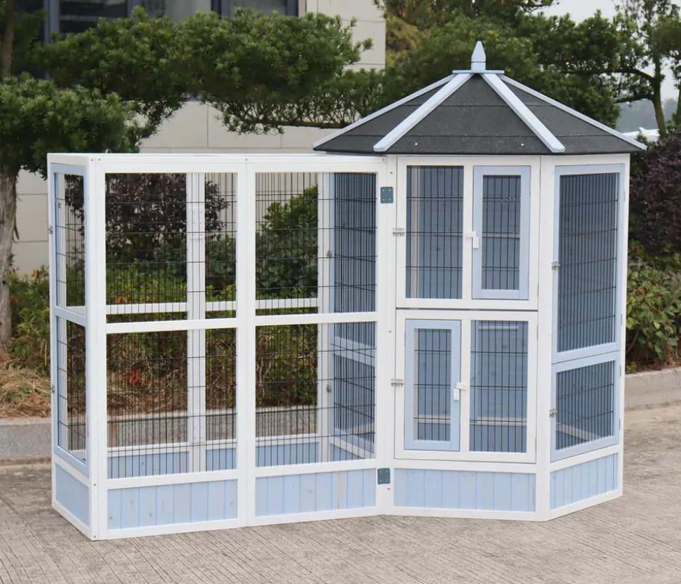 Dehner Lieblinge Vogelvolieren-Set Santorini, mit Freigehege, weiß/blau, ca. B236,4/H180/T132 cm