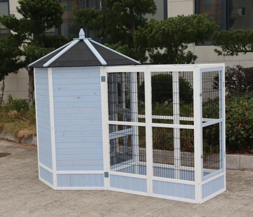 Dehner Lieblinge Vogelvolieren-Set Santorini, mit Freigehege, weiß/blau, ca. B236,4/H180/T132 cm