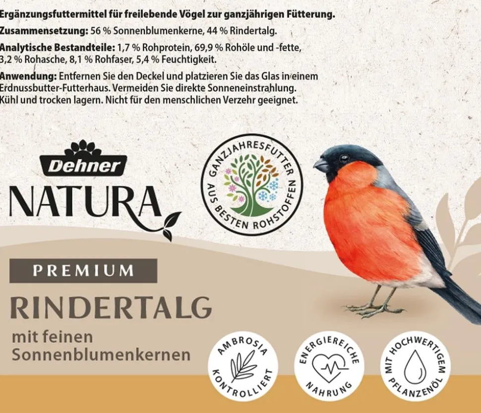 Dehner Natura Premium Wildvogelfutter Rindertalg im Glas, Sonnenblumenkerne, 8 x 250 g