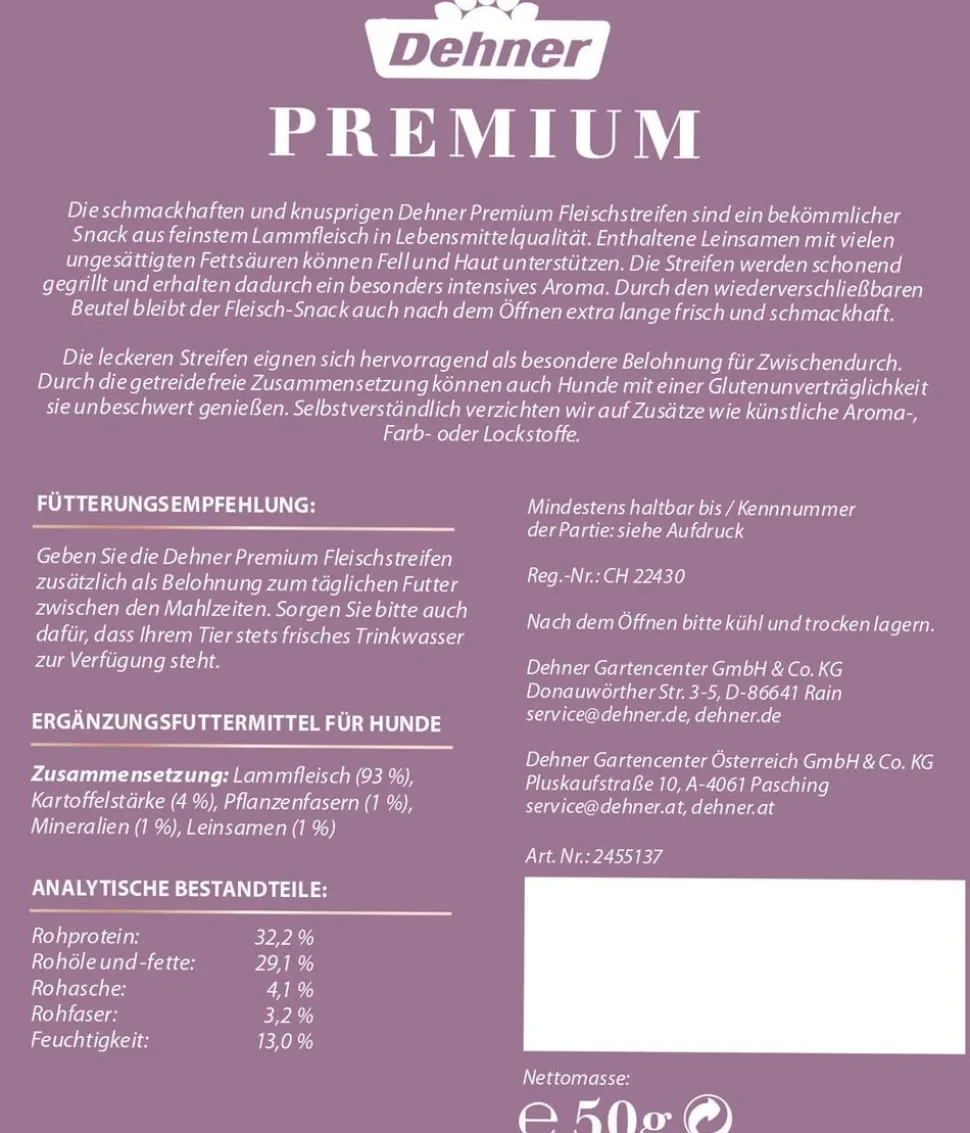 Dehner Premium Hundesnack Fleischstreifen, Lamm, 50 g