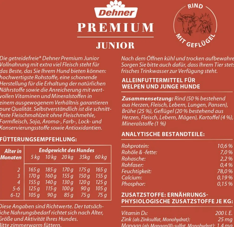 Dehner Premium Nassfutter für Hunde Junior, Rind mit Geflügel