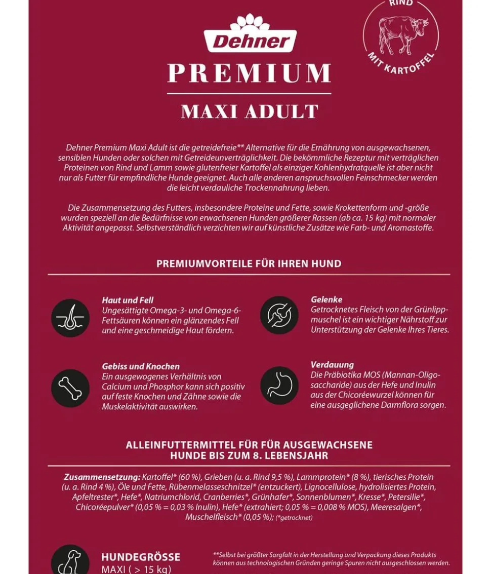 Dehner Premium Trockenfutter für Hunde Maxi Adult, Rind & Kartoffel
