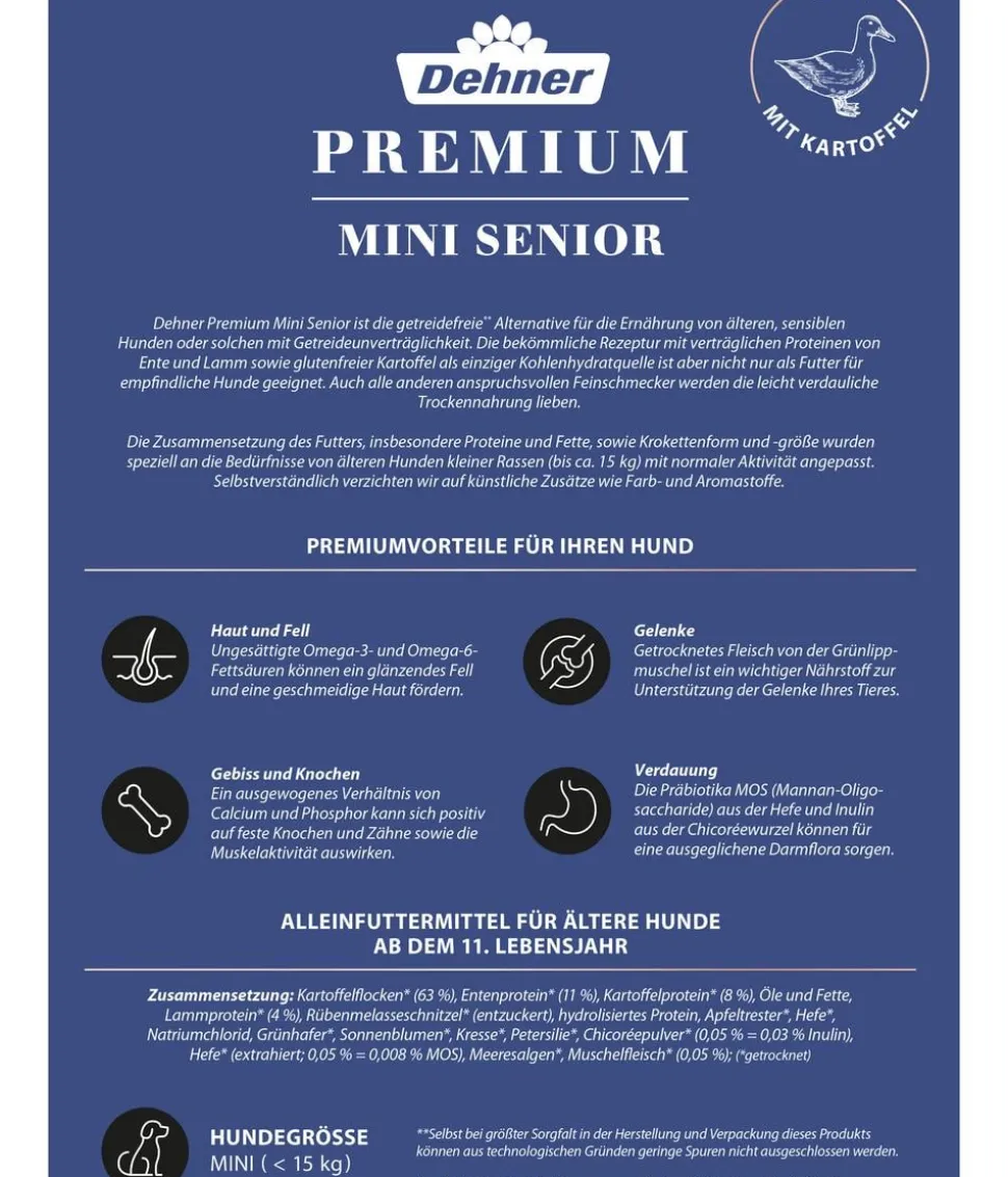 Dehner Premium Trockenfutter für Hunde Mini Senior, Ente mit Kartoffel