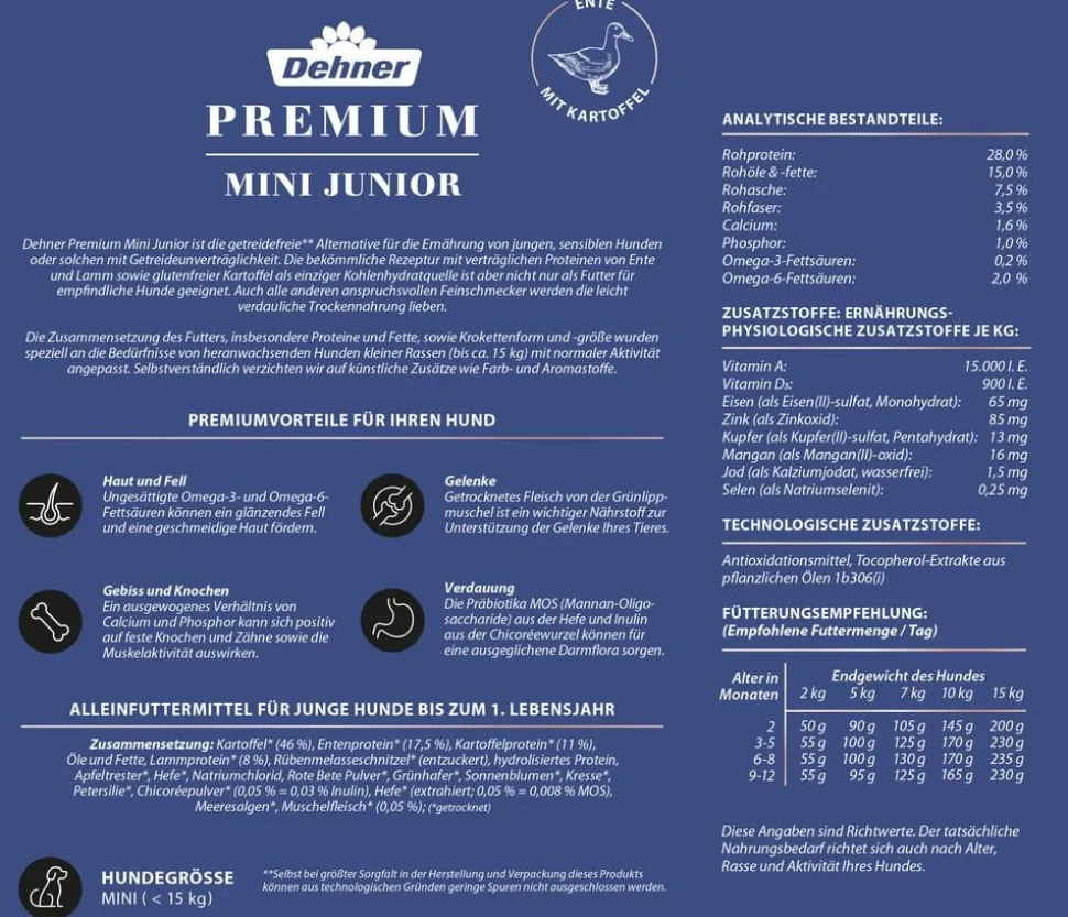 Dehner Premium Trockenfutter für Hunde Mini Junior, Ente & Kartoffel