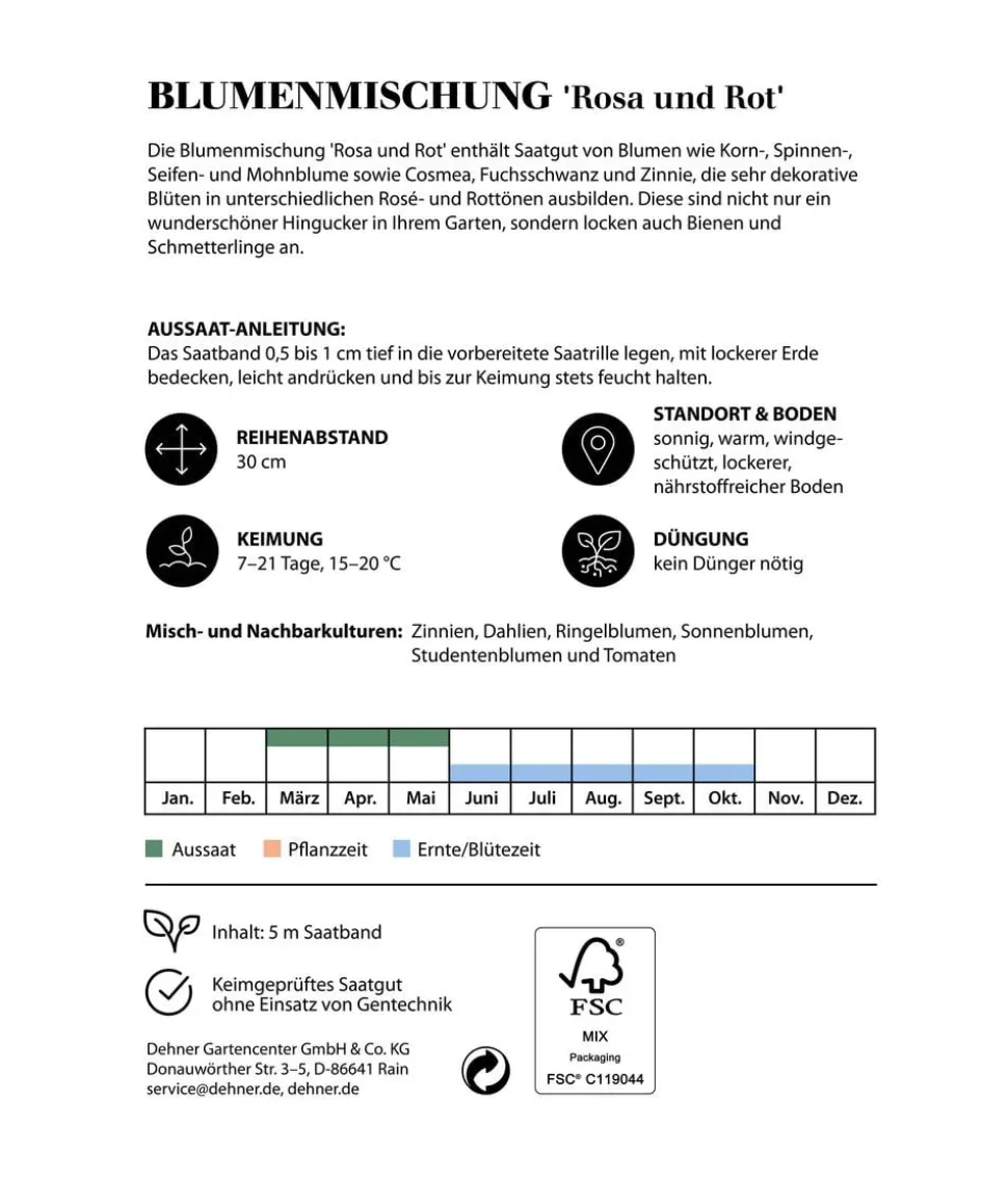 Dehner Saatband Blumenmischung 'Rosa und Rot', L5 m