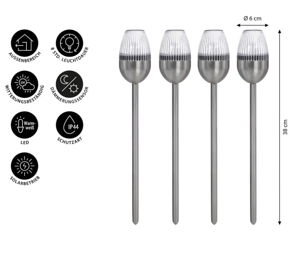 Dehner Solar-Edelstahlleuchte, gerillt, 4er-Set