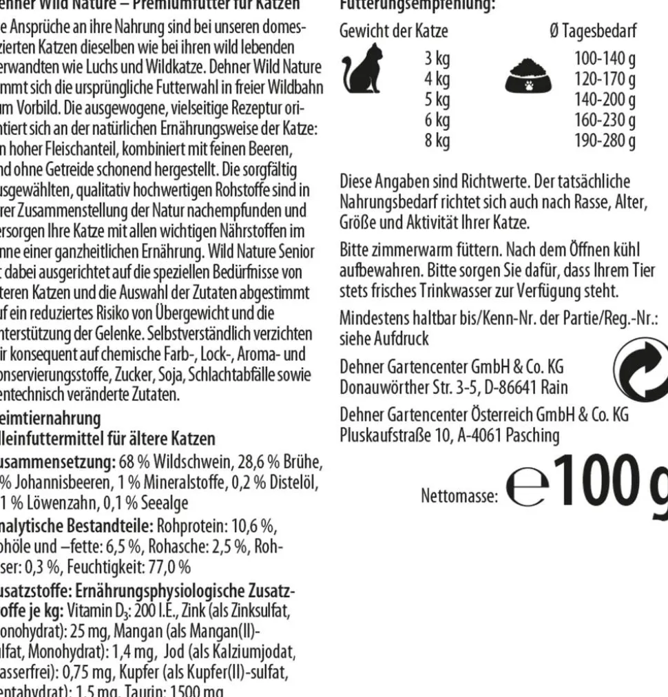 Dehner Wild Nature Nassfutter für Katzen Unterholz Senior, Wildschwein, 16 x 100 g