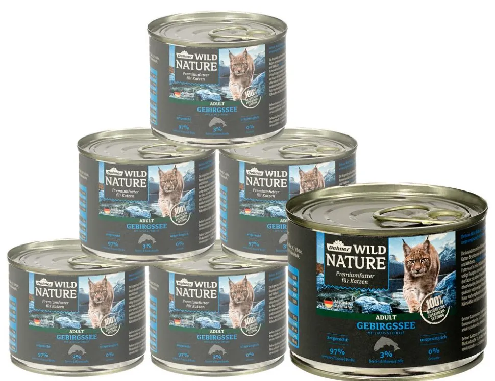 Dehner Wild Nature Nassfutter für Katzen Gebirgssee Adult, Lachs & Forelle, 6 x 200 g/400 g