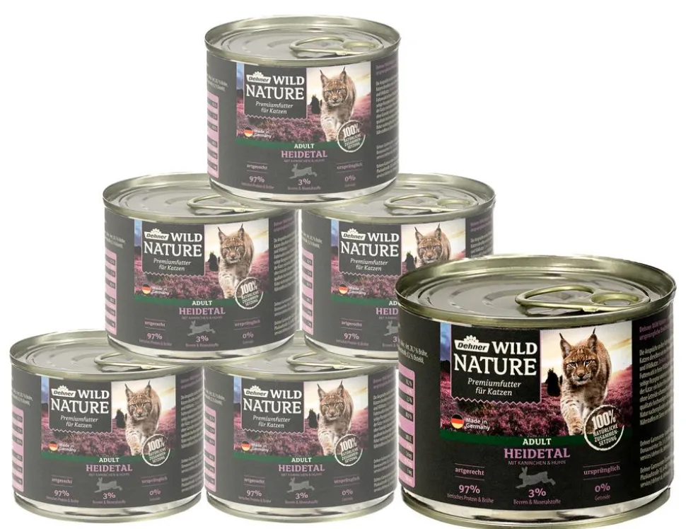 Dehner Wild Nature Nassfutter für Katzen Heidetal Adult, Kaninchen & Huhn, 6 x 200 g/400 g