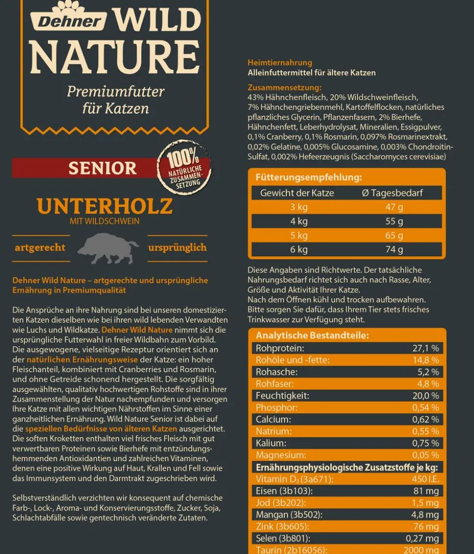 Dehner Wild Nature Trockenfutter für Katzen Unterholz Senior, Wildschwein