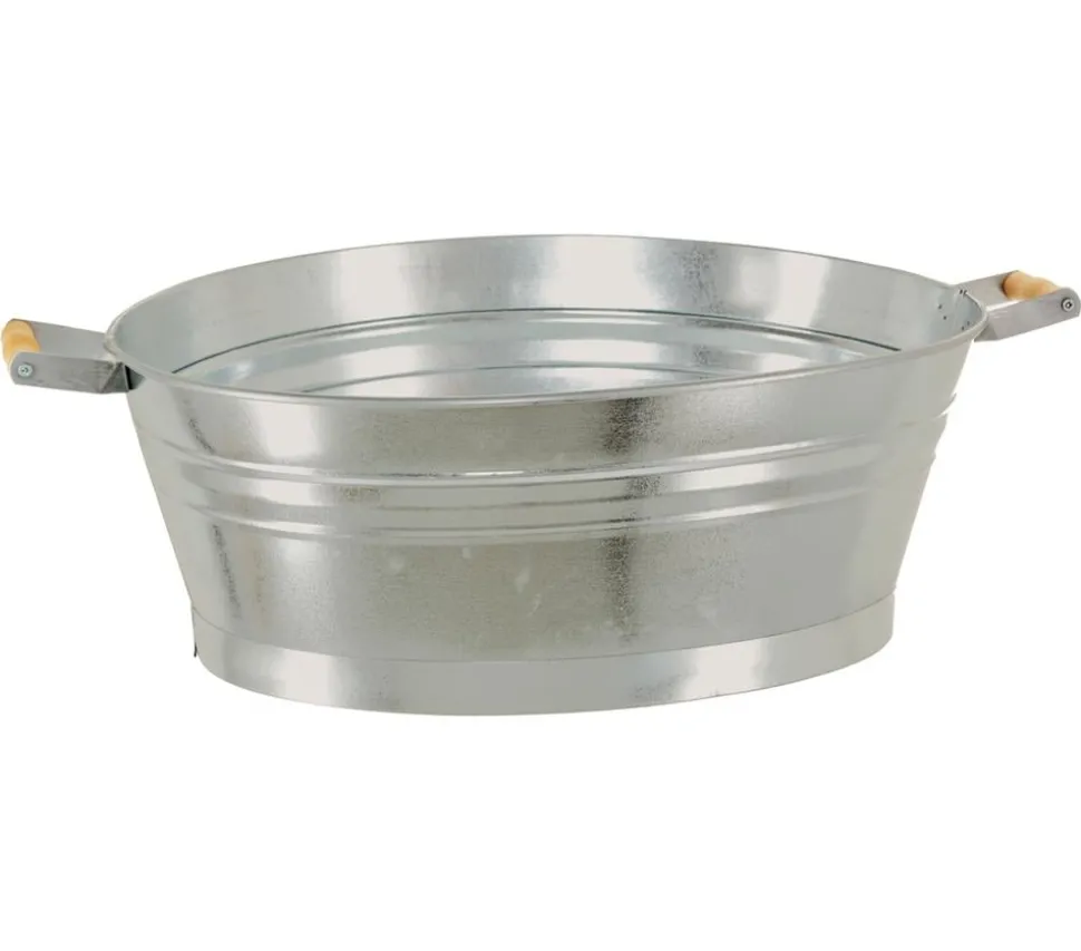 Dehner Zink-Wanne mit Holzgriffen, oval, silber, ca. B55/H19/T42 cm