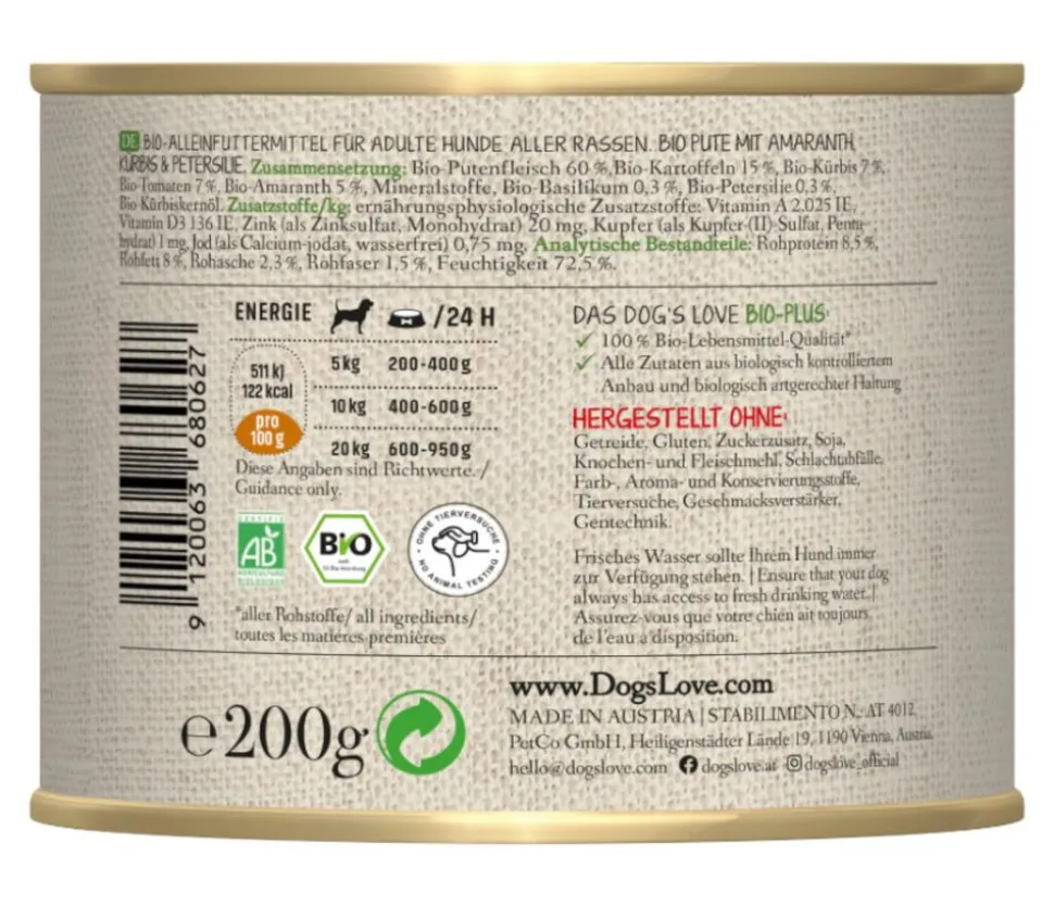 DOG'S LOVE Nassfutter für Hunde Bio, 6 x 200 g