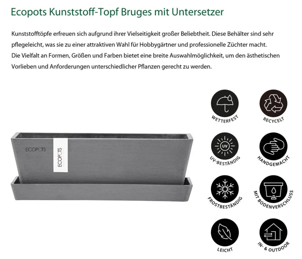 Ecopots Kunststoff-Topf Bruges mit Untersetzer, rechteckig