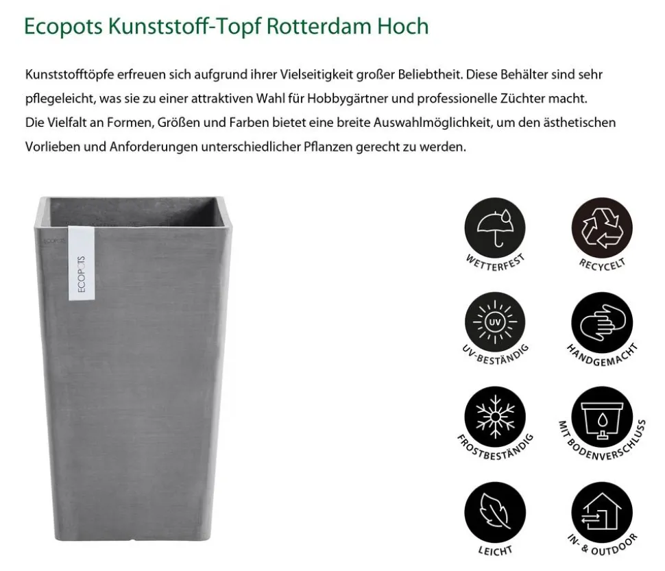 Ecopots Kunststoff-Topf Rotterdam Hoch, quadratisch