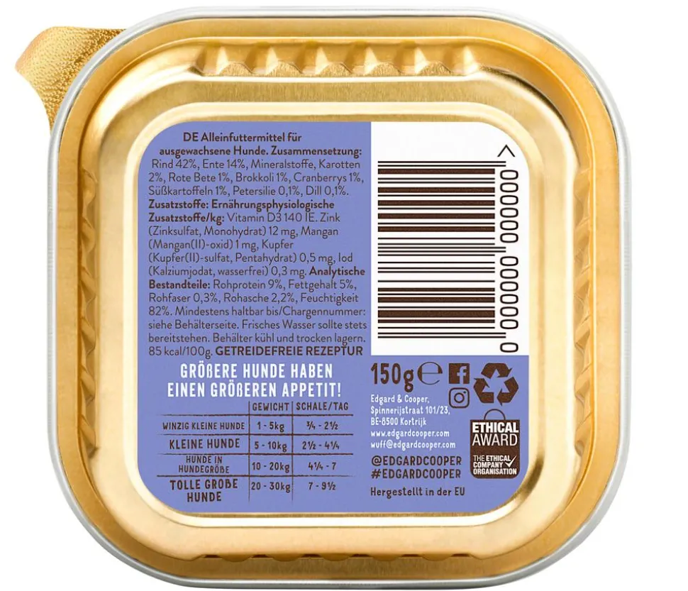 Edgard & Cooper Nassfutter für Hunde, Herrliches Rind & Ente Adult, 11 x 150 g