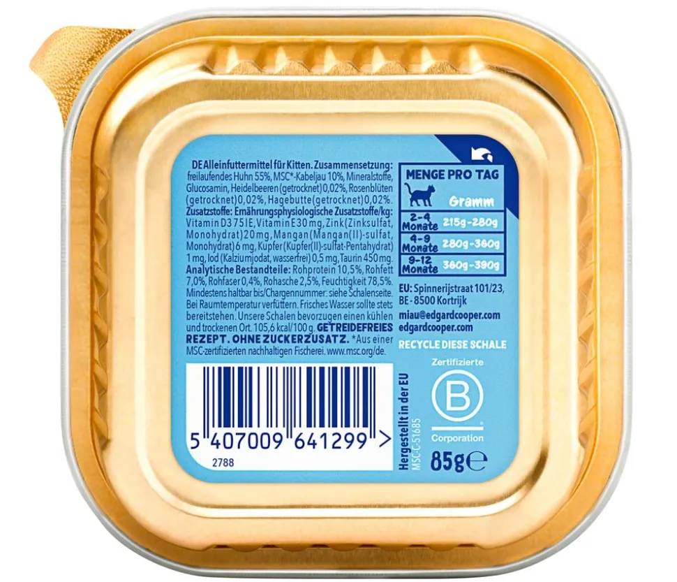 Edgard & Cooper Nassfutter für Katzen MSC-Kabeljau & Freilaufhuhn Paté, Kitten, 16 x 85 g