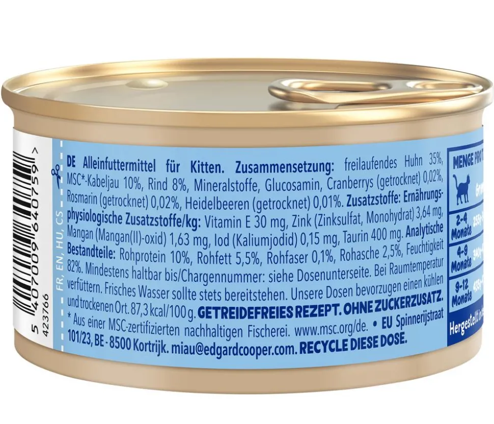 Edgard & Cooper Nassfutter für Katzen Kabeljau & Freilaufhuhn Stückchen in Soße, Kitten, 18 x 85 g