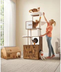 Feandrea Kratzbaum mit Katzenklo-Schrank, braun/weiß, ca. B104/H185/T61 cm