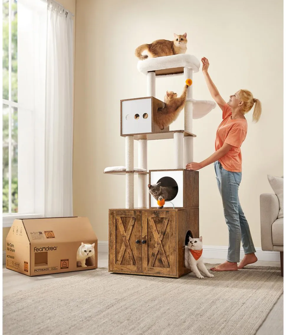 Feandrea Kratzbaum mit Katzenklo-Schrank, braun/weiß, ca. B104/H185/T61 cm