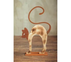 Ferrum buckelnde Holz-Katze mit Metall-Applikationen, ca. B32/H51 cm
