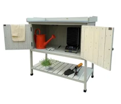 Habau Holz-Pflanztisch mit Unterschrank und Ablage, grau, ca. B98/H97,5/T48 cm