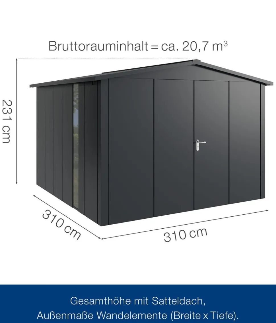 Hörmann Metallgerätehaus Juno JSD14 L-Sk Motiv Design bodentiefes Fenster mit Doppeltür, ca. B333/H231/T325 cm