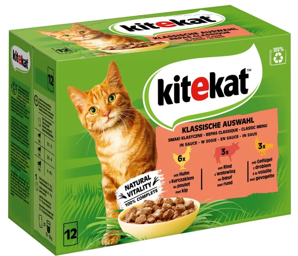 KITEKAT® Nassfutter für Katzen Multipack Klassische Auswahl in Sauce, Adult, 12 x 85 g