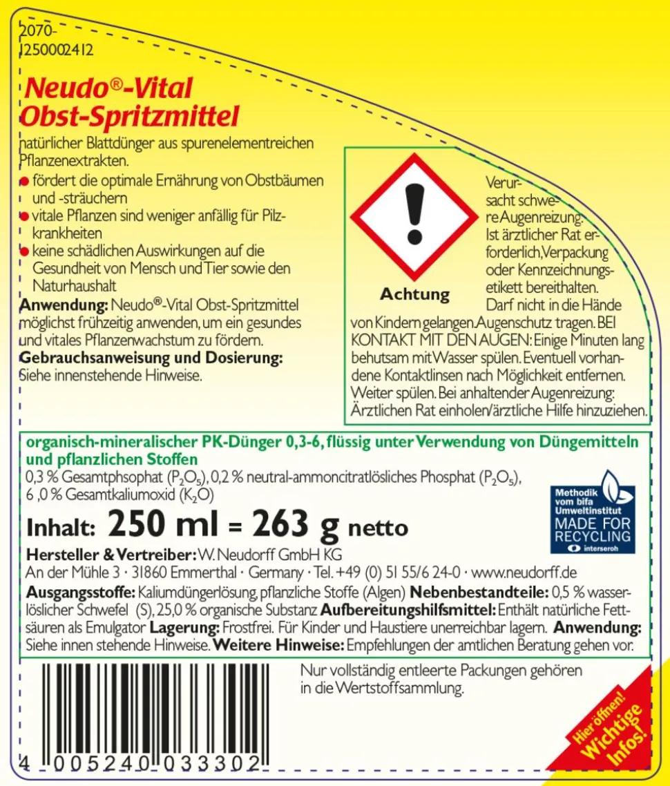 Neudorff Neudo®-Vital Obst-Spritzmittel, 250 ml