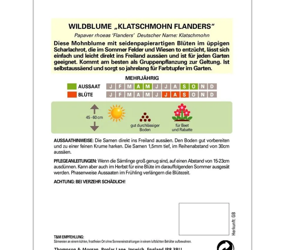 Thompson & Morgan Samen Wildblume 'Klatschmohn Flanders'