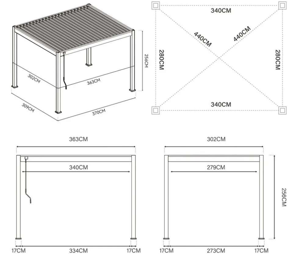 Weide Classic Pergola 3x3,6 Alu-Stahl, ca. B360/H255/T300 cm