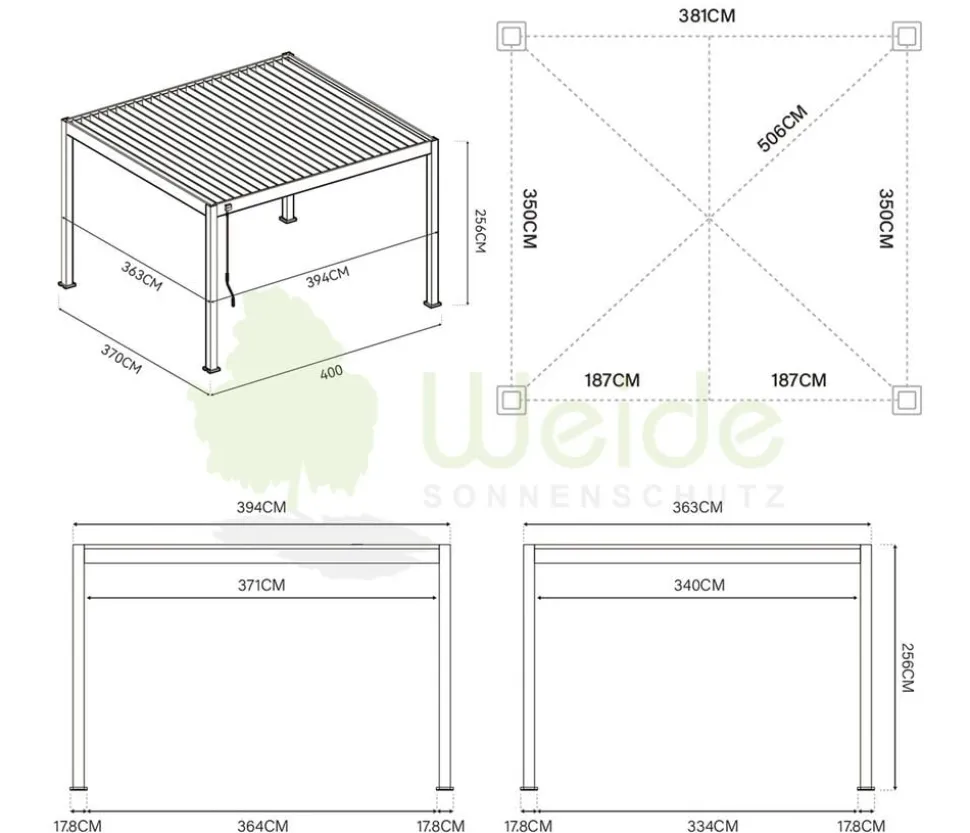 Weide Deluxe Pergola Voll-Alu, ca. B720/H255/T360 cm
