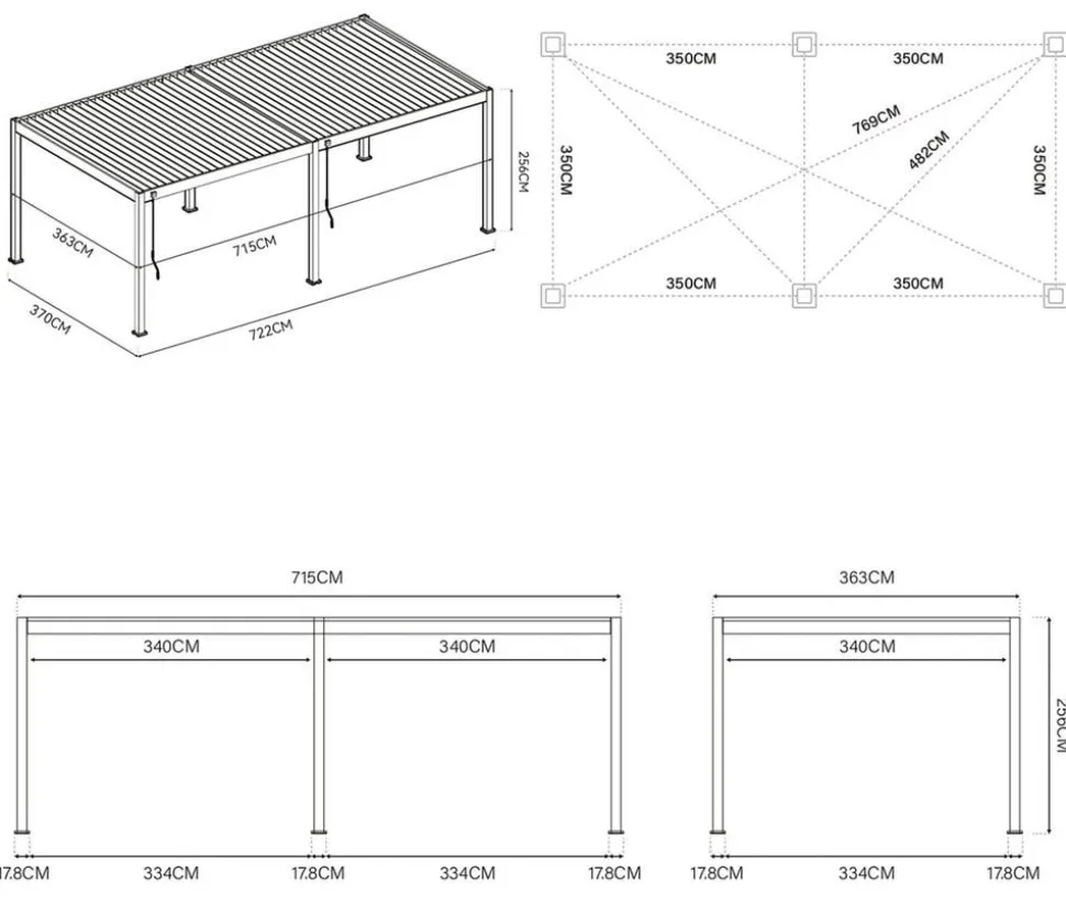 Weide Deluxe Pergola Voll-Alu, ca. B720/H255/T360 cm