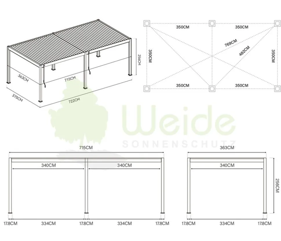 Weide Deluxe Pergola Voll-Alu, ca. B720/H255/T360 cm