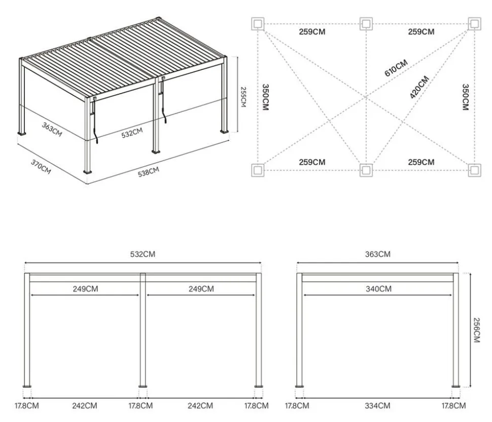 Weide Deluxe Pergola Voll-Alu, ca. B530/H255/T360 cm