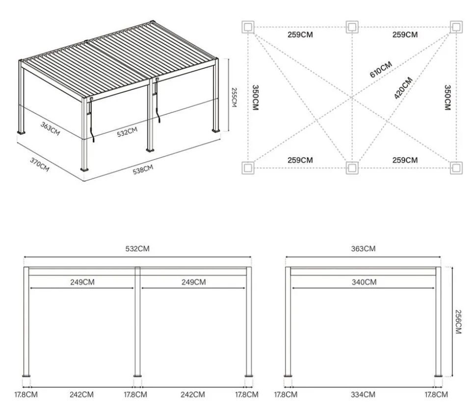 Weide Pergola LED E-Deluxe 3,6x5,3, ca. B530/H255/T360 cm