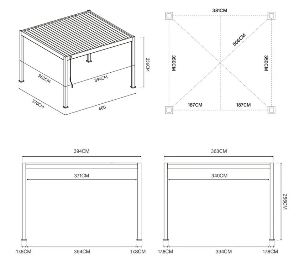 Weide Pergola LED E-Deluxe 3,6x4, ca. B400/H255/T360 cm